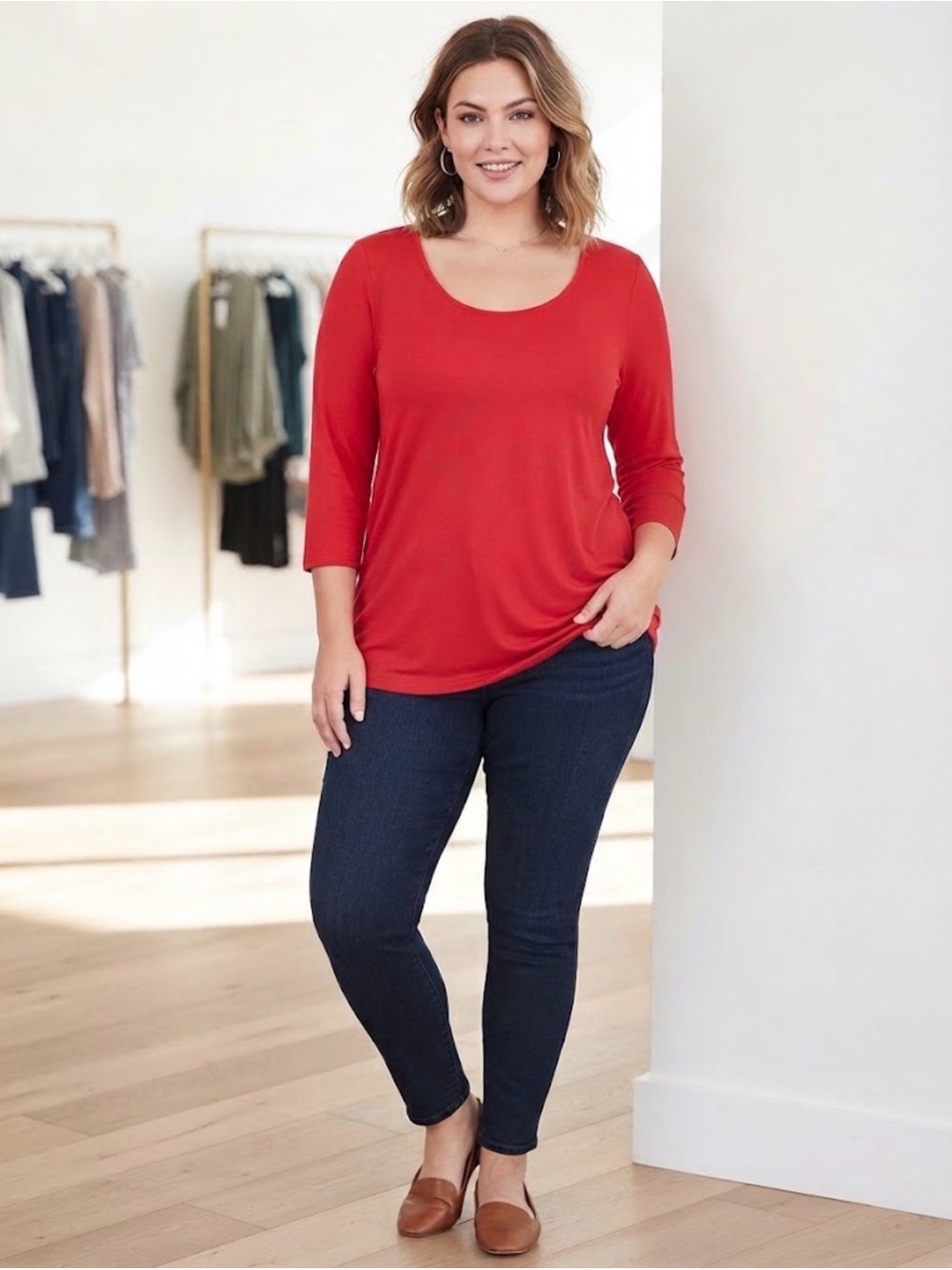 Free to Live Women’s Plus 1X Red Solid Knit Scoop Neck 3/4 Sleeve Pullover Top